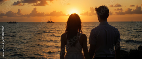 Sunset romance beach photography calm ocean rear view love and connection