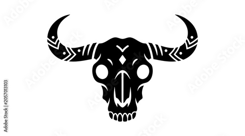 Foto Skull emblem showcases intricate tribal patterns etched onto a dark bull head silhouette