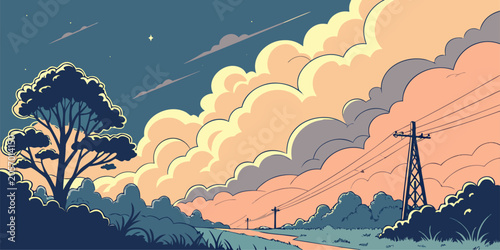 Fotografija Vintage Anime Landscape Vector Illustration Sunset Countryside Clouds and Power Lines