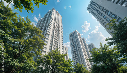 Urban high-rise development city center architectural photography bright skies low angle modern living