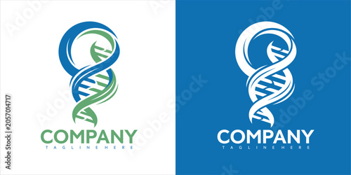 A graphic designer creates a logo with DNA double helix and company text on white and blue backgrounds.