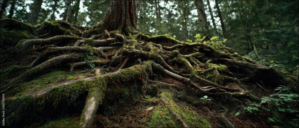 Fototapeta premium Tree roots covered in moss in a forest