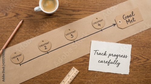 Business timeline with checkpoints and coffee on wooden desk