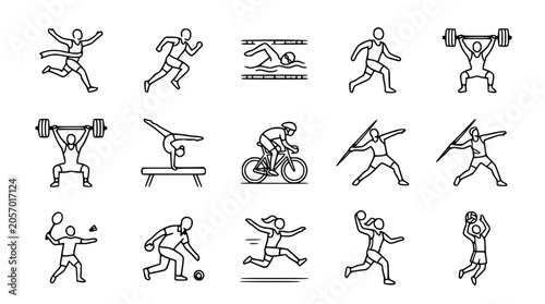 Diverse Sports Icons: Running, Swimming, Cycling, Weightlifting, Gymnastics, Javelin, Badminton, Basketball