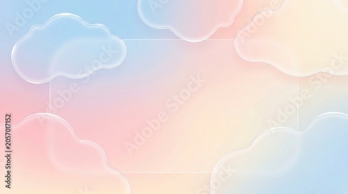 Soft Pastel Cloudscape Background With Rounded Cartoon Clouds and Rainbow Gradient Copy Space