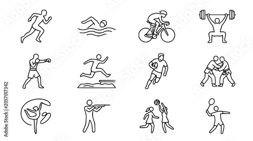 Diverse Sports Icons: Running, Swimming, Cycling, Weightlifting, Boxing, Athletics, Rugby, Judo