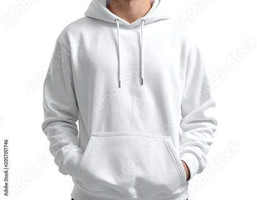 Clean white hooded sweatshirt, front view, hands in pockets