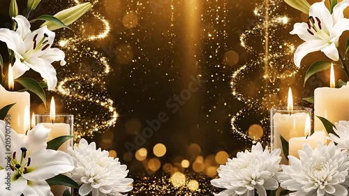 Elegant Memorial Background with White Lilies and Candles.