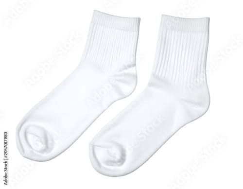 Two plain white athletic socks with ribbed cuffs, isolated