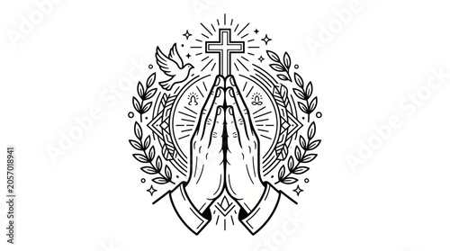 Cuadro en lienzo Praying Hands with Cross, Dove, and Laurel Wreath - Christian Symbolism
