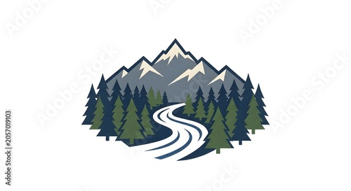 Professional Camping Logo Vector with Mountains and Winding River