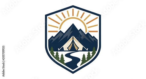 Luxury Outdoor Camping Logo Vector with Tent and Rising Sun