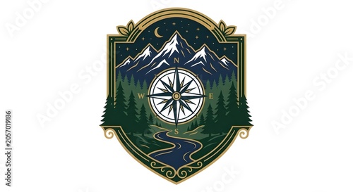 Luxury Camping Emblem with Mountain and Compass Vector