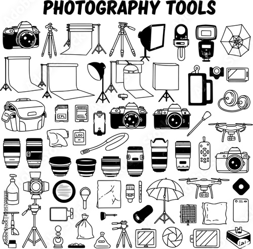 Obraz na plátně Hand-Drawn Doodle Outline Collection of Photography Tools and Equipment for Stud