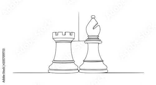 Fotografia Minimalist continuous line drawing of chess rook and bishop pieces, strategic ga