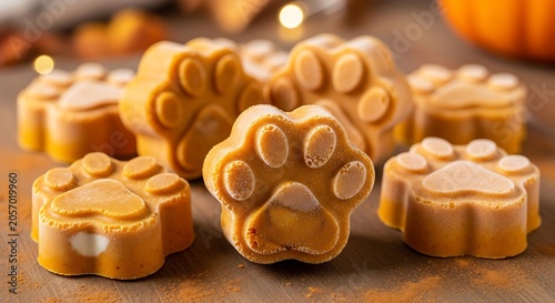 Homemade dog treats shaped like paw prints on a wooden surface with festive decorations