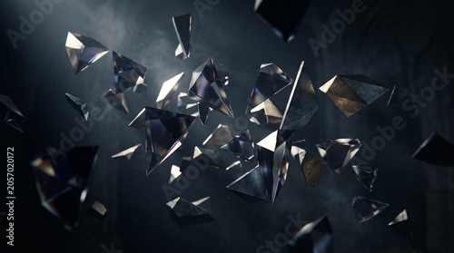 Abstract Floating Geometric Crystals and Glass Shards in Dark Mist