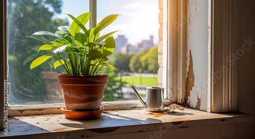 Indoor potted plant on sunlit window sill with city view