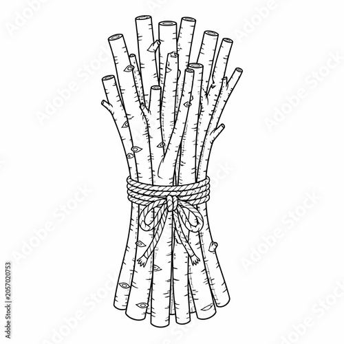 Vector line art illustration of a bundle of birch wood branches tied together with a rope and bow. Detailed hand-drawn black and white outline of natural timber logs for coloring book.