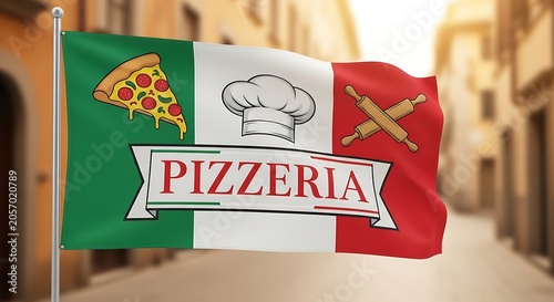 Italian pizzeria logo on tricolor flag with chef hat and pizza slice design elements