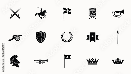 Cuadro en lienzo Set of historical military equipment heraldry icons including shields crowns and weapons