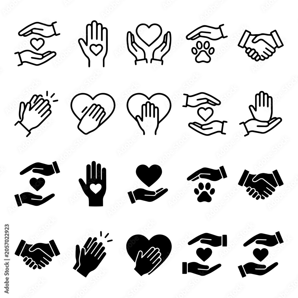 Fototapeta premium Charity support and love heart hands gesture vector icon set with kindness donation community wellness relationship protection handshake together altruism