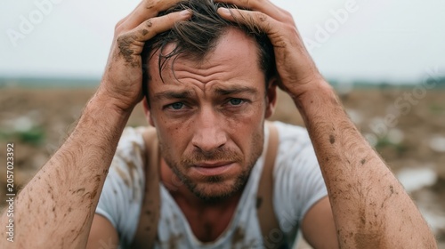 Close up portrait of frustrated farmer with muddy hands and face sitting in agricultural field