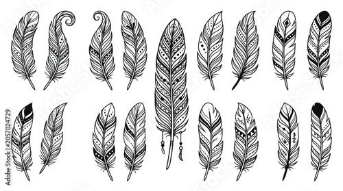 Obraz na plátně Hand Drawn Feathers Collection - Boho Tribal Style Illustration