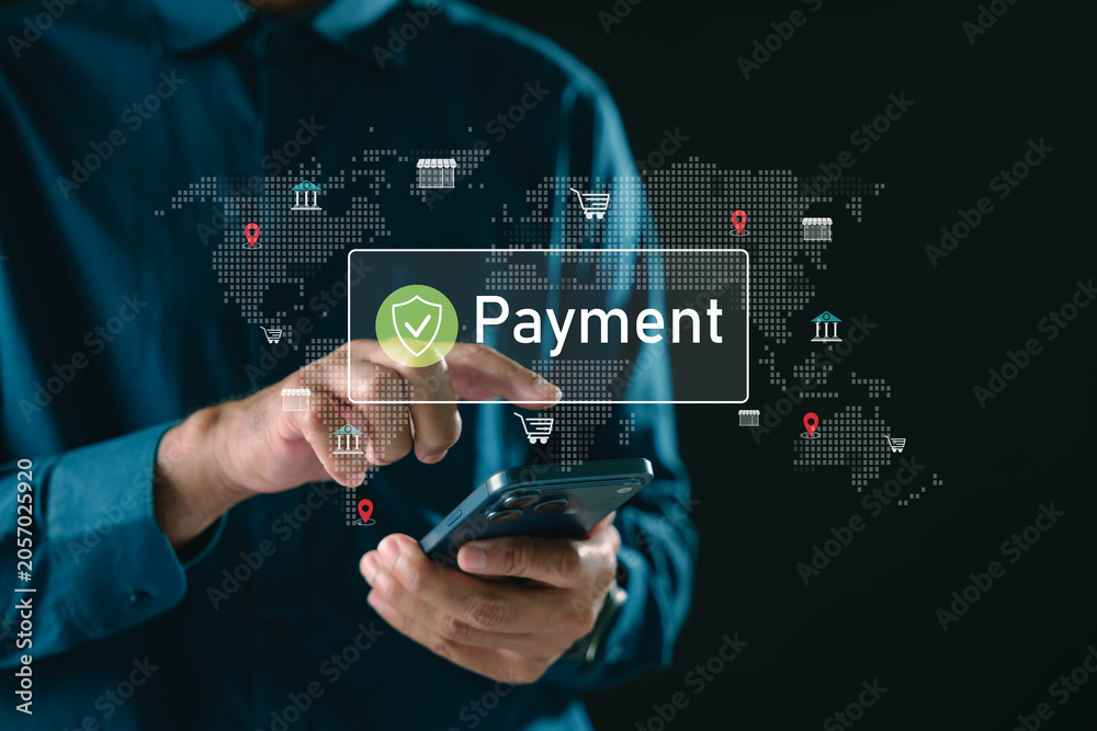 Obraz premium Transfer money online payment secure transaction digital wallet system, mobile banking financial technology facilitates global ecommerce money transfer using smartphone world map interface
