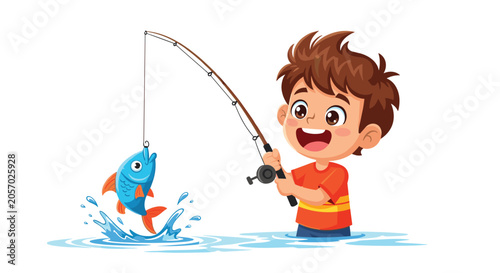 Excited young boy in a bright orange shirt successfully catching a blue fish while fishing in the clear water outdoors.