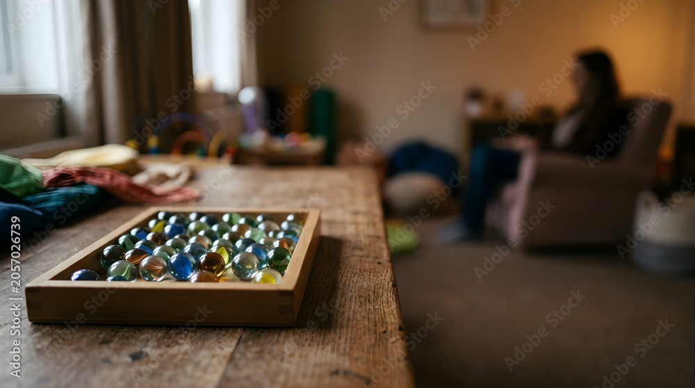Fototapeta premium Colorful glass marbles in wooden tray inside a calm quiet therapy room