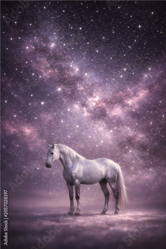 white horse with mysterious cosmic background