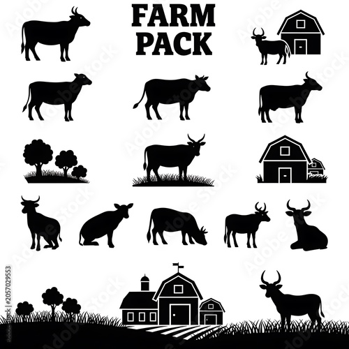 Black and white farm animal and barn illustration pack.