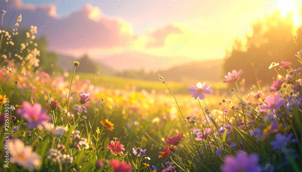 Naklejka premium Vibrant Wildflower Meadow Bathed in Golden Hour Sunlight.