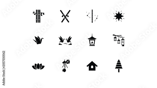 Tableau sur toile Graphic collection of traditional japanese festival elements like bamboo and paper lantern