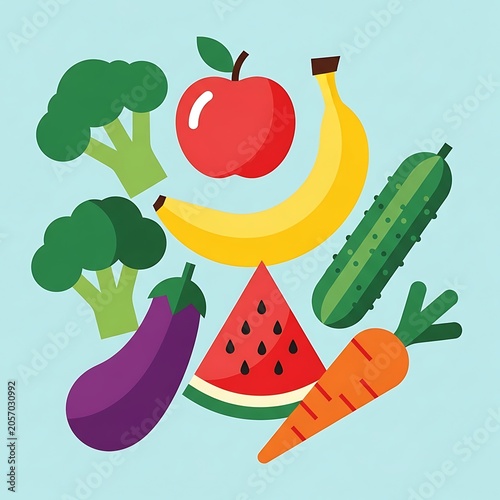 Colorful cartoon fruits and vegetables illustration.