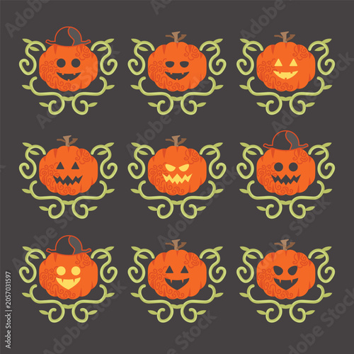 Cute Halloween Pumpkin Faces Collection with Swirling Vines and Jack O Lantern Character Set Vector Illustration