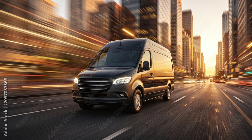 Fototapeta premium Delivery van on the road with motion blur background. Transportation concept.