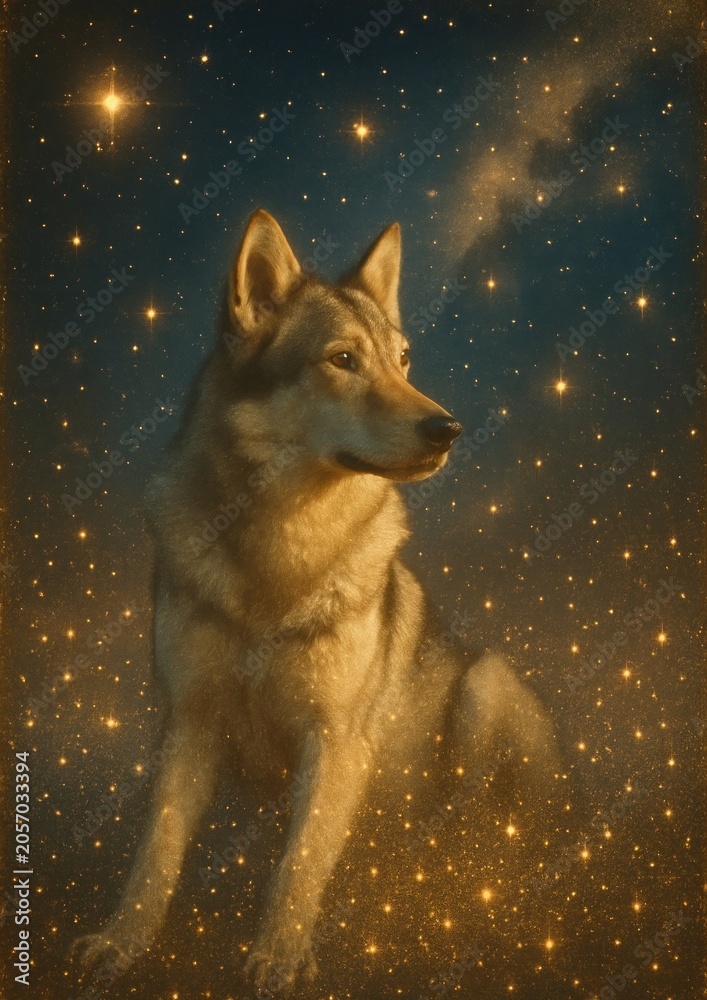 Fototapeta premium Majestic wolf amidst sparkling stars.
