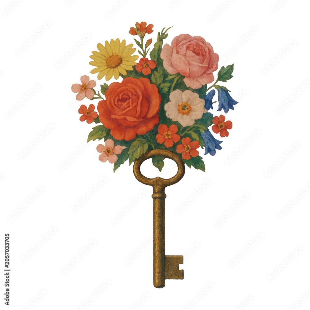 Obraz premium PNG Vintage floral key illustration