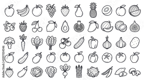 Bild auf Leinwand Hand-Drawn Fruits and Vegetables Collection - Fresh Healthy Food Icons