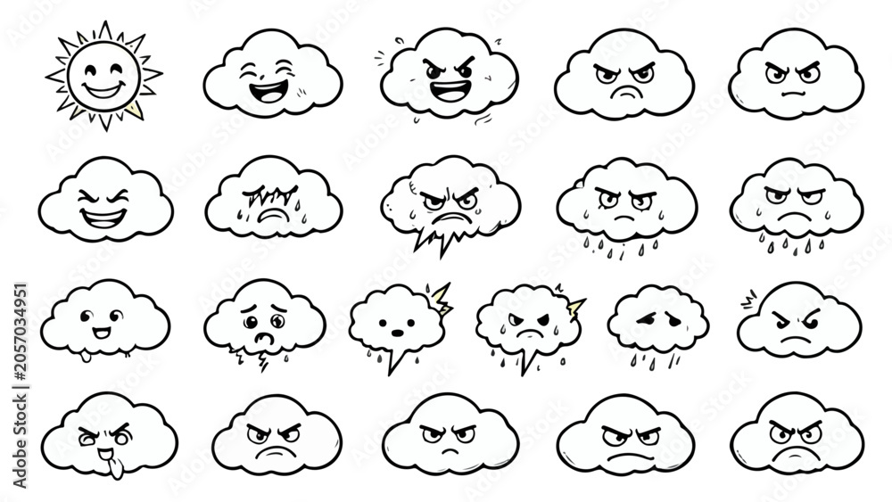 Obraz premium Cloud character expressions showing weather moods in a hand drawn doodle set isolated on a white background for creative projects.