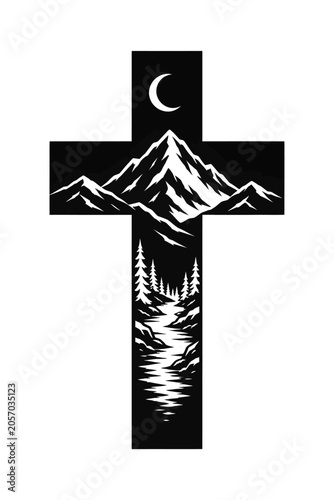 Bold black Christian cross filled with a white mountain, pine forest, river, and crescent moon landscape, ideal for outdoor faith tattoos, adventure logos, and spiritual nature prints.