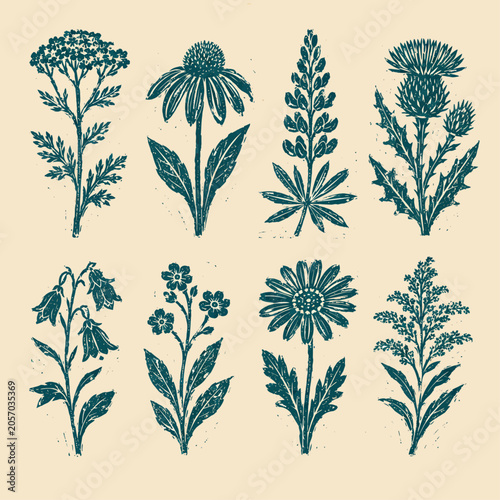 Hand-carved linocut wildflower collection in deep teal ink on warm cream paper, featuring rustic botanical print texture and vintage floral charm