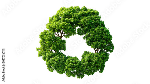 Trees arranged in a circular formation create a natural wreath shape against a clean white background to symbolize growth and the importance of preserving forests for a healthy natural environment.