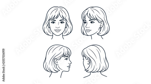 Εκτύπωση καμβά Woman's Bob Hairstyle - Front, Side, Back Views Line Art