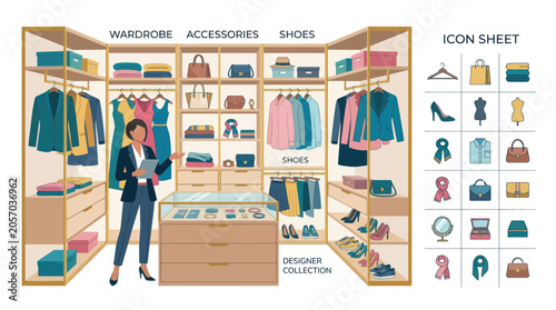 Obraz na płótnie Woman organizing luxury walk-in closet, wardrobe, shoes, accessories, fashion