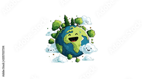 Earth globe features a smiling face surrounded by fluffy white clouds and lush green trees to represent an eco-friendly and happy planet that promotes environmental conservation and global.