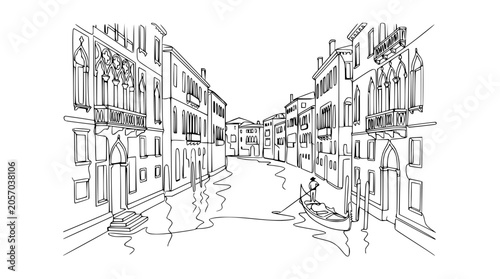 Fotografie Venice Canal Sketch: Gondola and Historic Buildings Outline Drawing