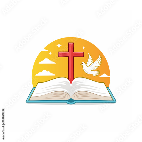 Christian cross, dove, and open bible illustration